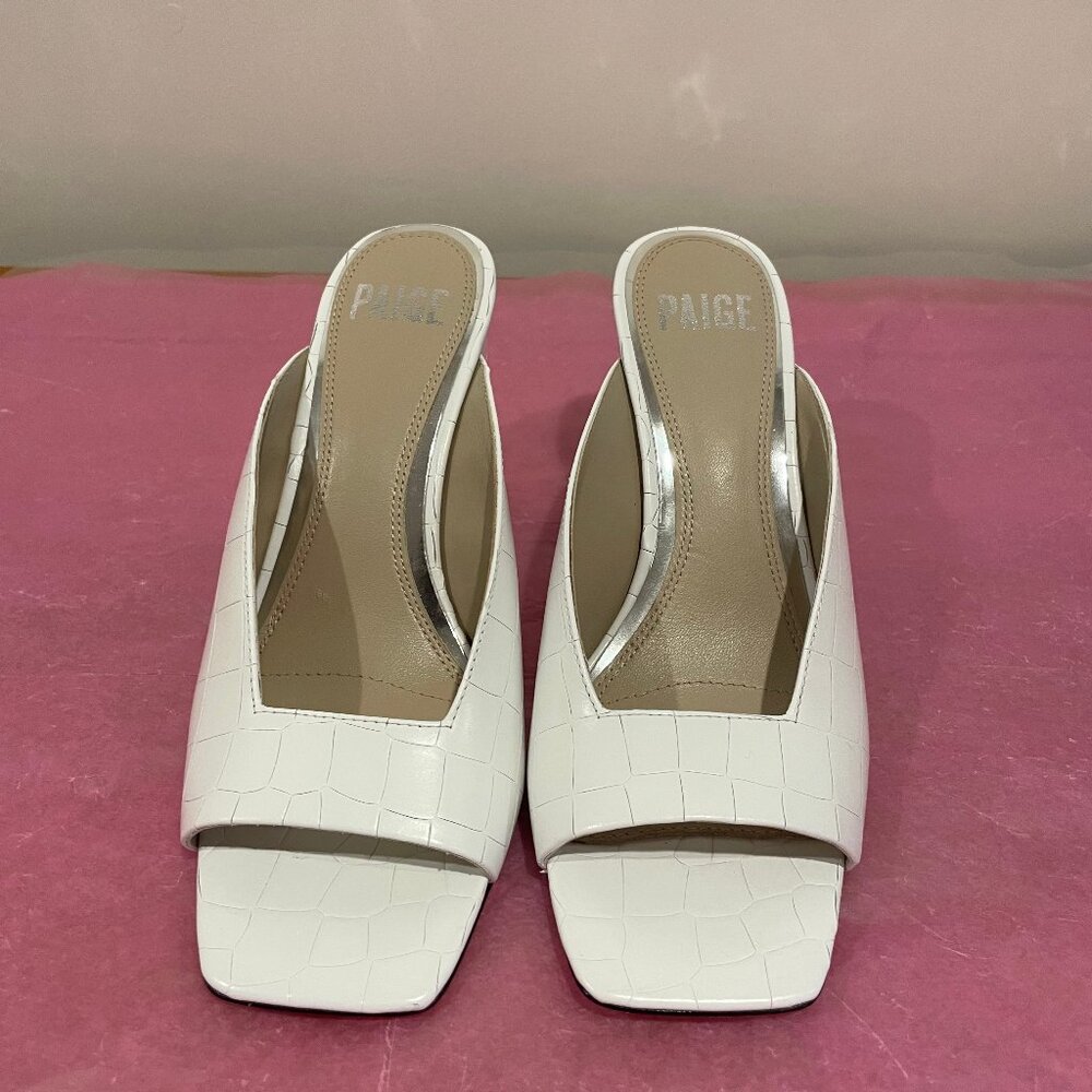 New Paige Crocodile Embossed  White Leather High Heeled Open Toe Mules